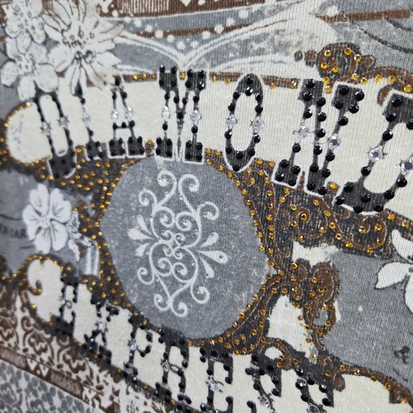 VINTAGE Skinny Minnie Women Top Large Gray Shirt Diamond Express Rhinestones Y2K - Picture 4 of 9